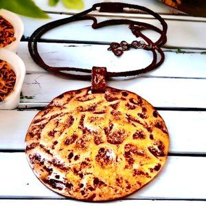 Copper Hammered Medallion Necklace on Cord Vintage Large
